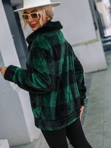Woochic veste pour femmes en peluche double face col montant à carreaux